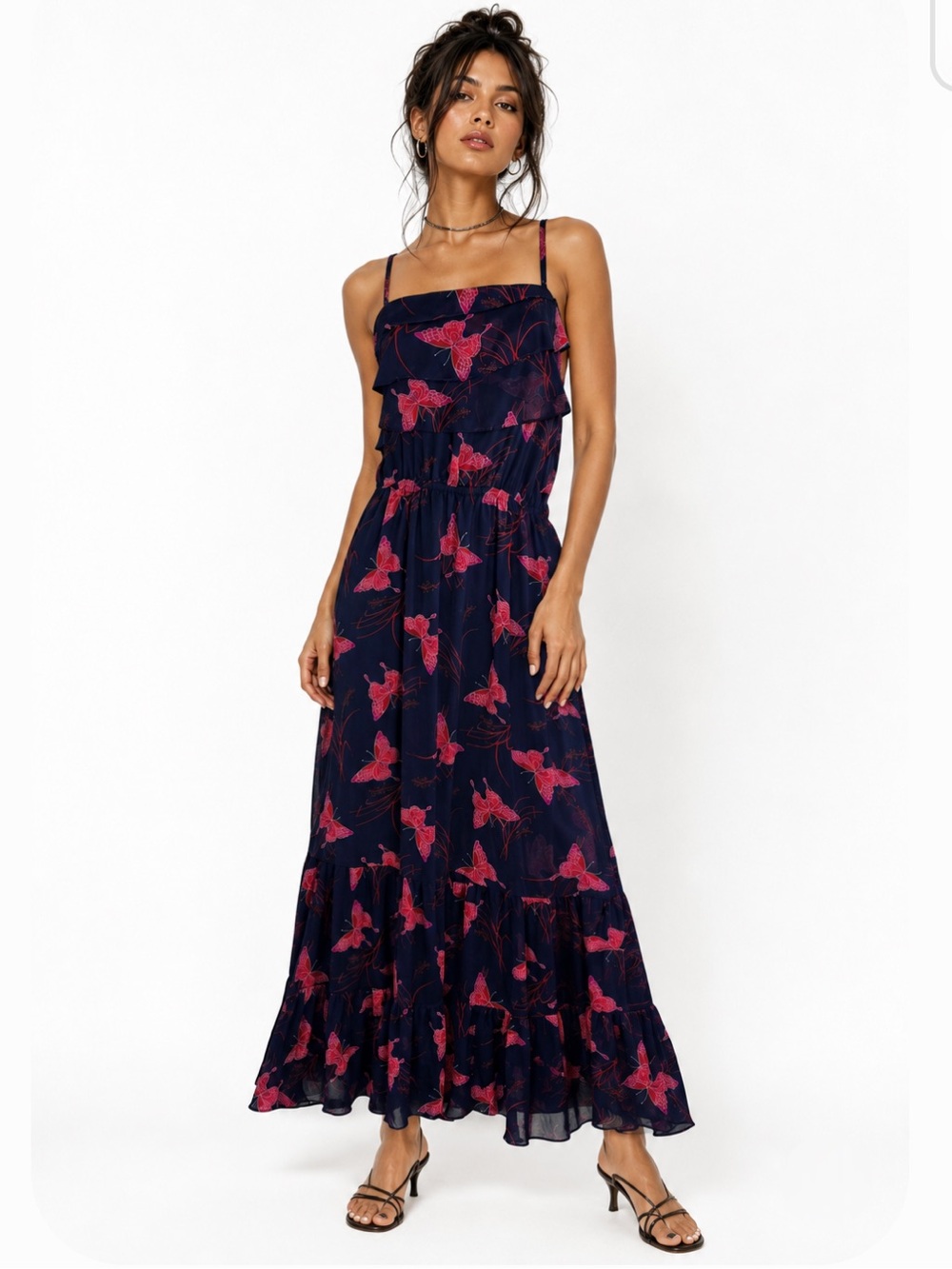 VINTAGE Y2K 90's Express Navy Orange Butterfly Maxi Dress
